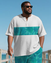 Men's Plus Size Hawaiian Coconut Leaf Patchwork Printed Henry Collar Short Sleeve T-Shirt Shorts Suit